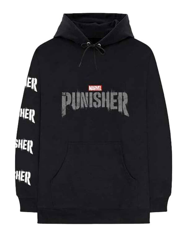 Punisher Hoodie Skull Stamp Logo Official Marvel Comics Mens Black Pullover Black L