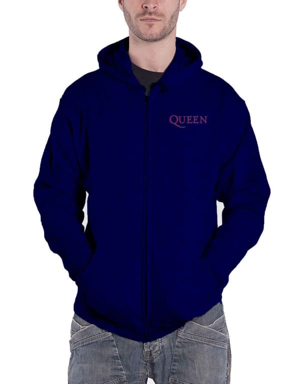 Queen Hoodie Classic Crest Band Logo Official Mens Navy Blue Zipped Blue L