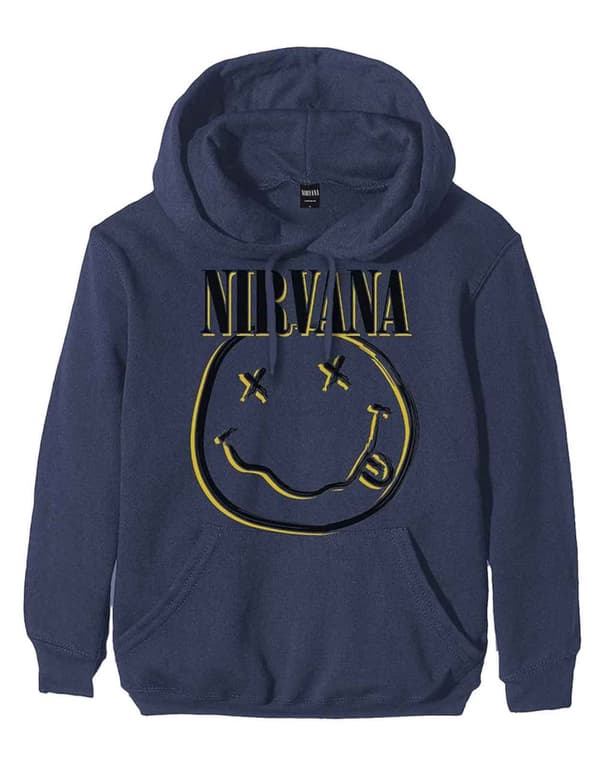Nirvana Hoodie Inverse Smile Band Logo Official Mens Navy Blue Pullover