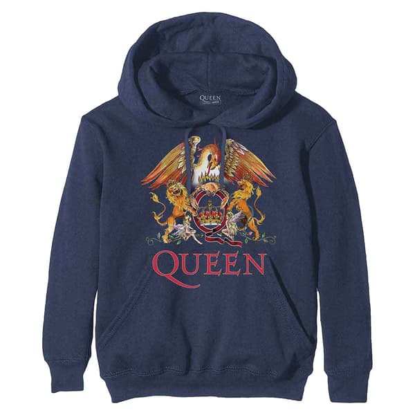 Queen Hoodie Classic Crest Band Logo Official Mens Navy Blue Pullover S