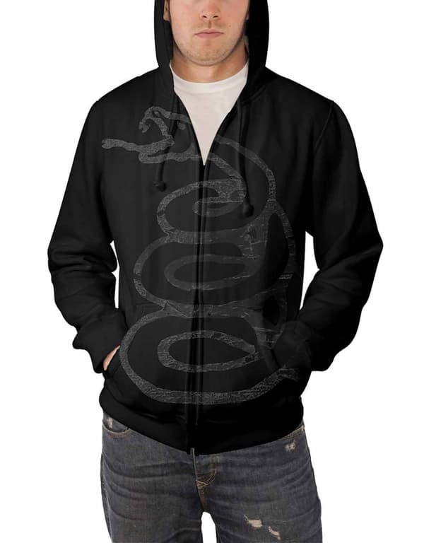 Metallica Hoodie Black Album Burnished band logo Official Mens Black Zipped Black L