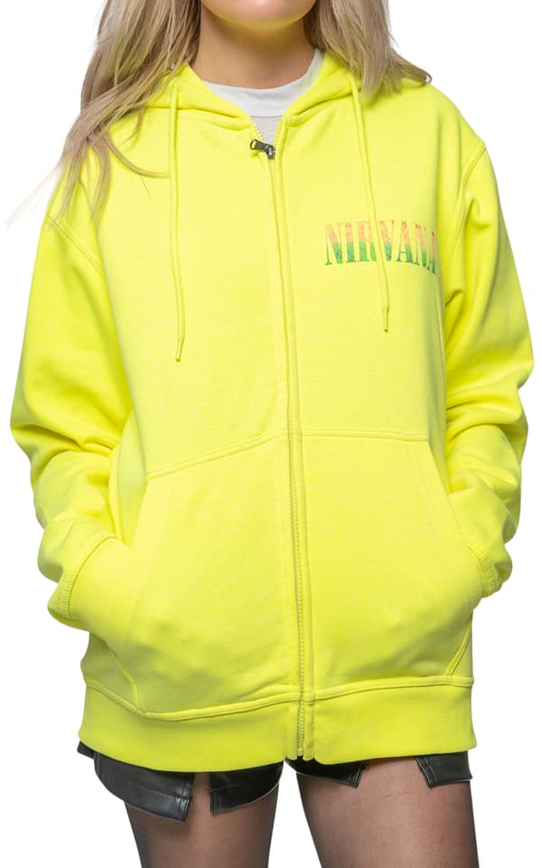 Nirvana Hoodie Sorbet Ray Smile Band Logo Official Unisex Neon Yellow Zipped