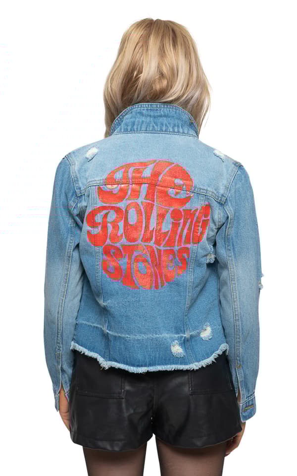 The Rolling Stones Denim Jacket Script Band Logo Official Womens Light Blue