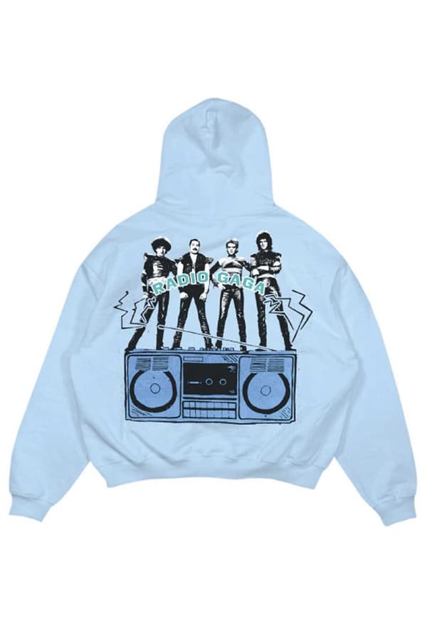 Queen Hoodie Radio Ga Ga Band Logo Official Unisex Light Blue Pullover