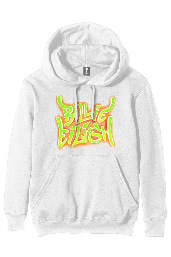 Billie Eilish Hoodie Airbrush Flames Blohsh Logo Official Unisex White Pullover