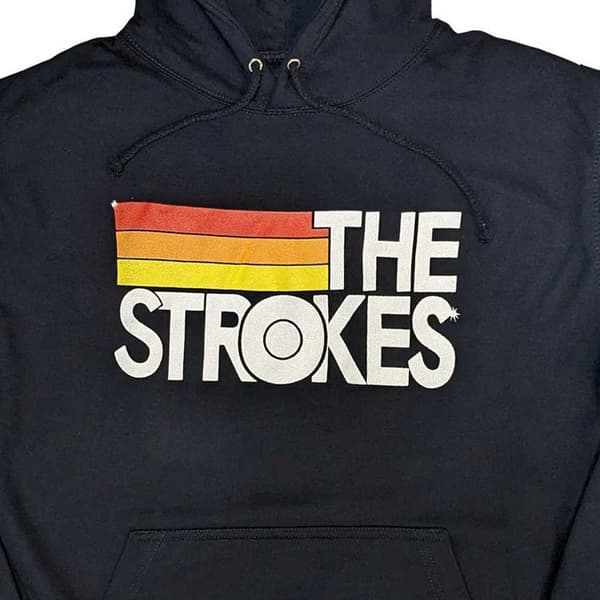 The Strokes Hoodie Band Logo and Stripes Official Mens Navy Blue Pullover