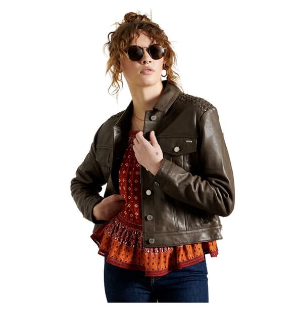 Superdry Trucker Jakke Leather Stateside Brun L Kvinde