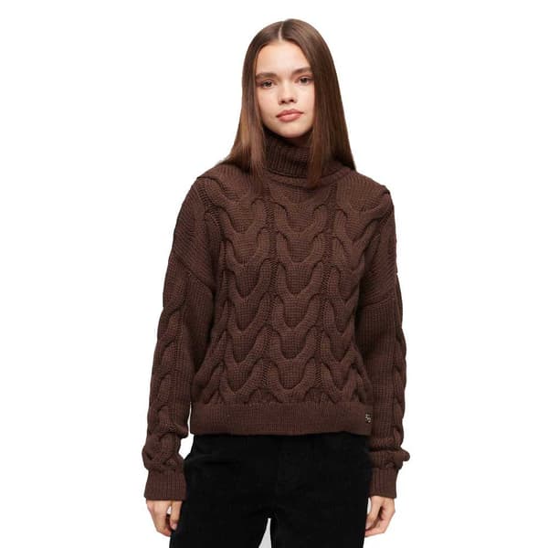 Superdry Tröja Chain Cable Knit Polo Brun XL Kvinna