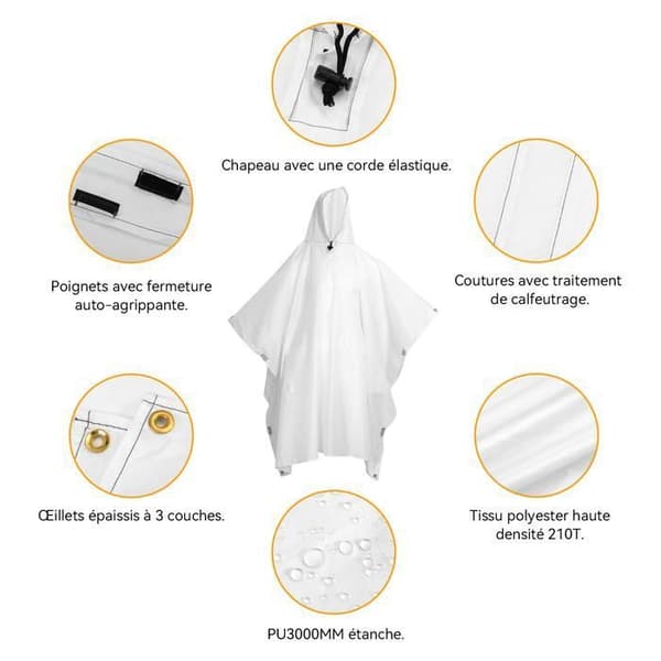 Vattentät regnponcho med huva, unisex EVA vandringsregnkappe med bärväska PU Material för camping/cykling - vit