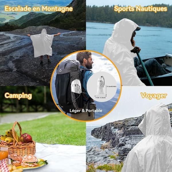 Vattentät regnponcho med huva, unisex EVA vandringsregnkappe med bärväska PU Material för camping/cykling - vit