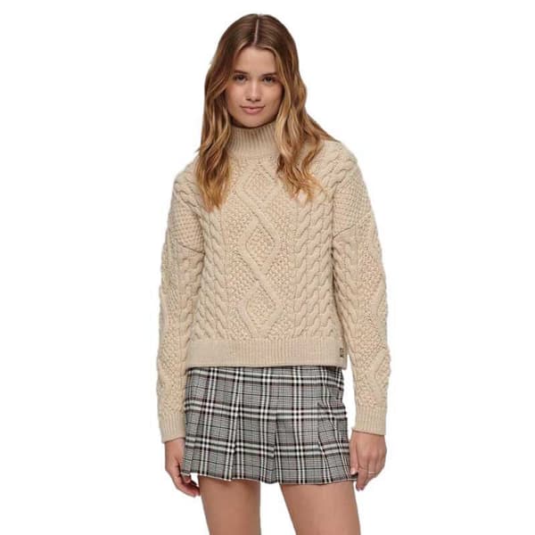 Superdry Aran Cable Knit Tröja Med Hög Krage Beige L Kvinna