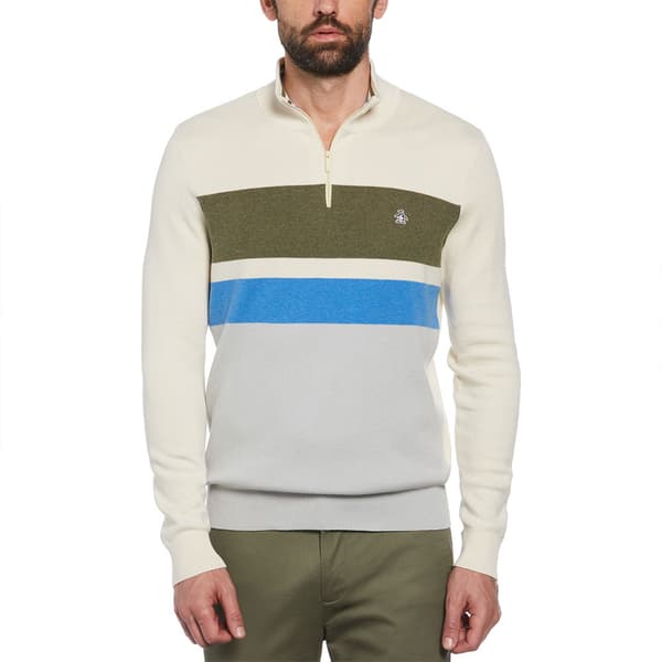 Original Penguin Chest Stripe Halv Lynlås Sweater Beige L Mand
