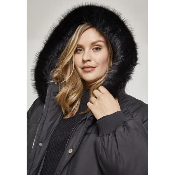 Parka dam - Urban Classic - Oversize - Lång vadderad kappa - Huva med fuskpäls - Svart