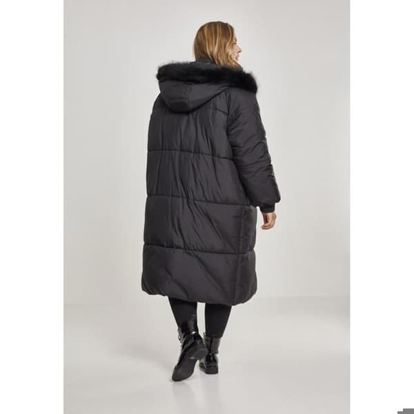 Parka dam - Urban Classic - Oversize - Lång vadderad kappa - Huva med fuskpäls - Svart