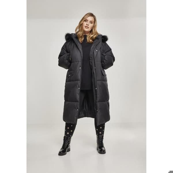 Parka dam - Urban Classic - Oversize - Lång vadderad kappa - Huva med fuskpäls - Svart