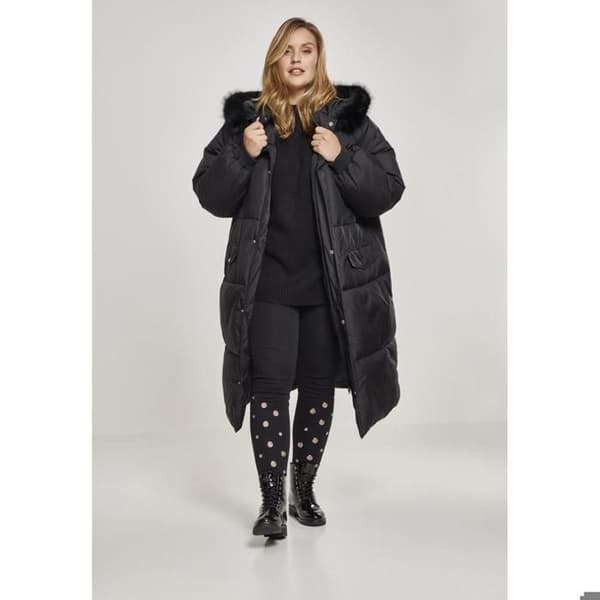 Parka dam - Urban Classic - Oversize - Lång vadderad kappa - Huva med fuskpäls - Svart