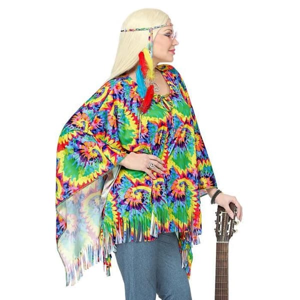 Poncho - Färgglad - Vuxen - Psykedelisk - Inkluderar huvudband - Fransar
