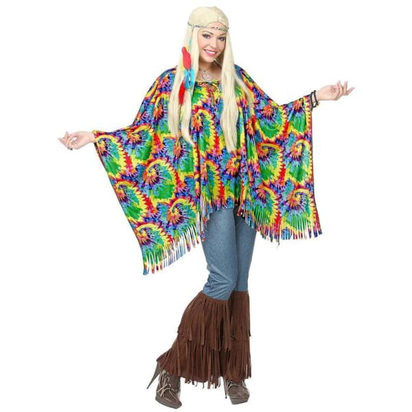 Poncho - Färgglad - Vuxen - Psykedelisk - Inkluderar huvudband - Fransar