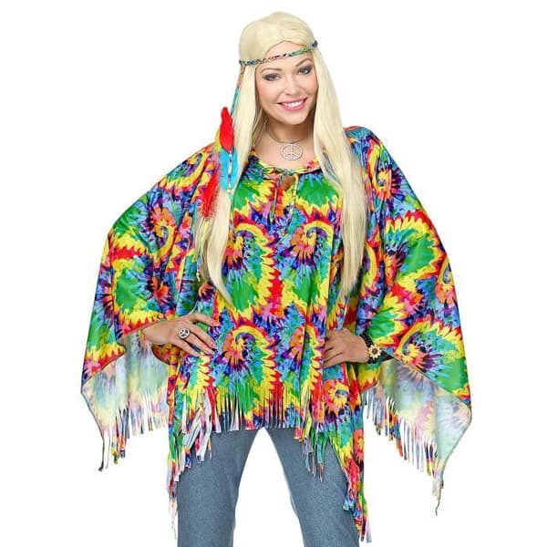 Poncho - Färgglad - Vuxen - Psykedelisk - Inkluderar huvudband - Fransar