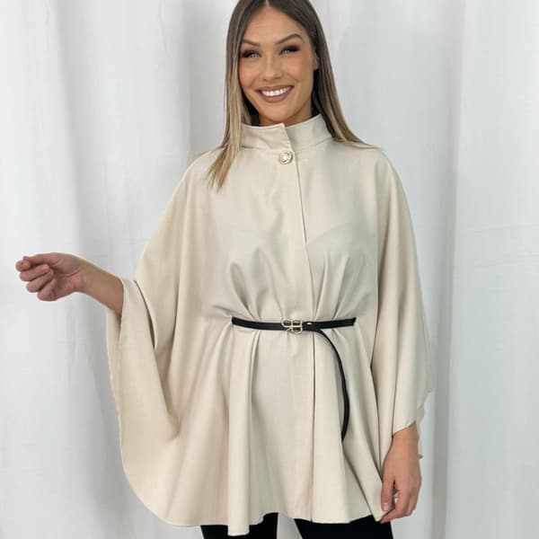 Fluid fabric poncho with belt - several colors - one size 36-44 Hvit
