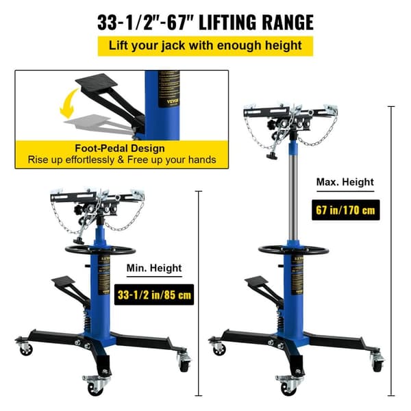 1100LBS Hydraulisk Transmission Jack - 85-170cm Løfteområde, 4 Drejelige Hjul & Hjælpering