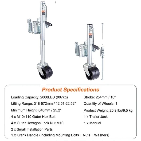 Trailer Jack Tongue Stand, Solid Jockey Sidewind, Rundhjulsløftning, 2000lbs 2000lbs