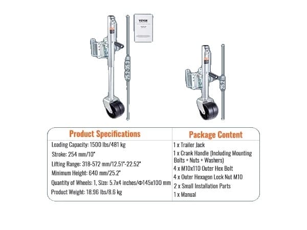 Bådtrailer-jack, bolt-on design, vægtkapacitet på 1000/1500/2000 lbs., 1500LBS 1500LBS