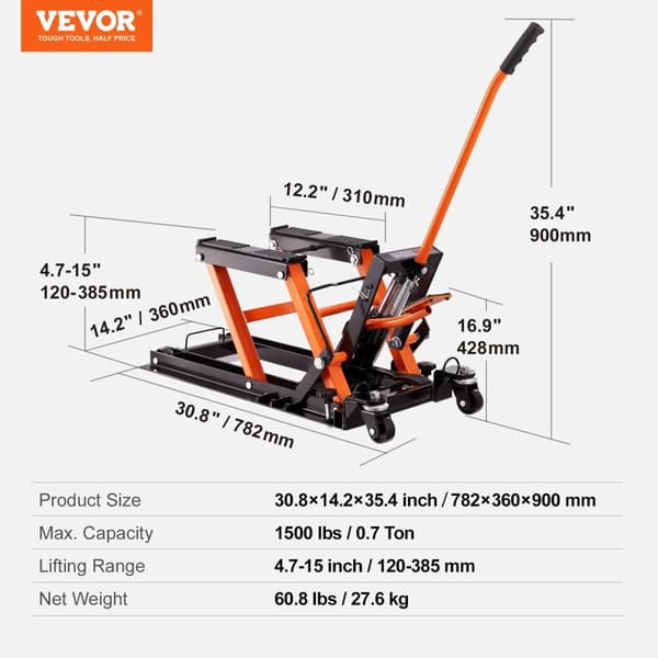 Hydraulinen moottoripyörän nostin, 1500 LBS kapasiteetti, säädettävä korkeus,1500 paunaa