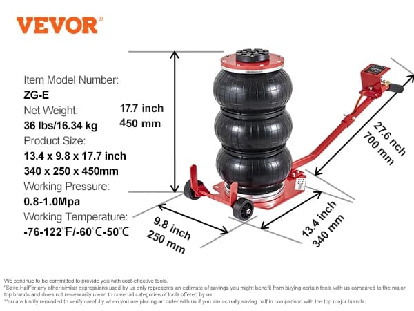 Vevor Luftjack, 3 ton lastkapacitet, 5.5-17.7 tum lyfthöjd,3T Icke justerbar R
