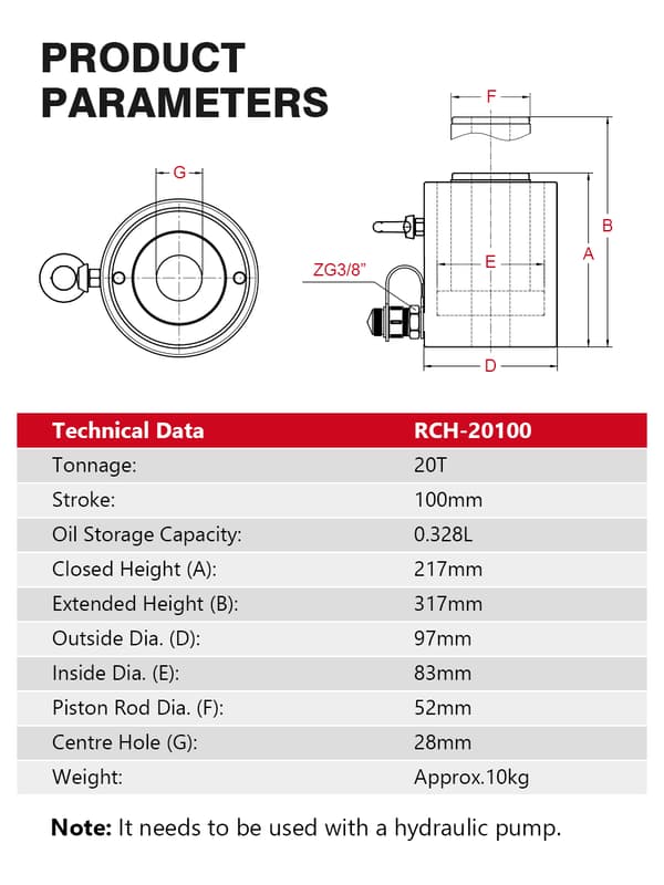 Hydraulisk donkraft, 20T løftekapacitet, 100mm løftehøjde