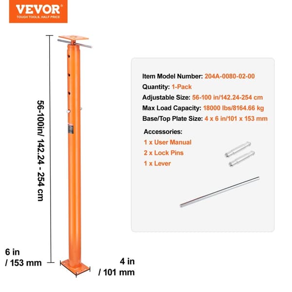 VEVOR Gulvjek, Maksimal belastning 18000 lbs, Justerbar højde 19-100 tommer,18000lbs 56til100in
