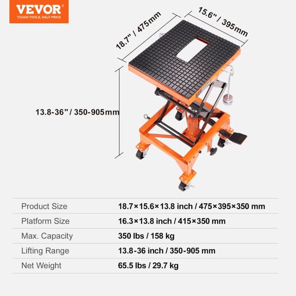 Hydraulisk motorcykellift, 350 lbs kapacitet, 13,8"-36" løftehøjde, skridsikker platform,350LBS
