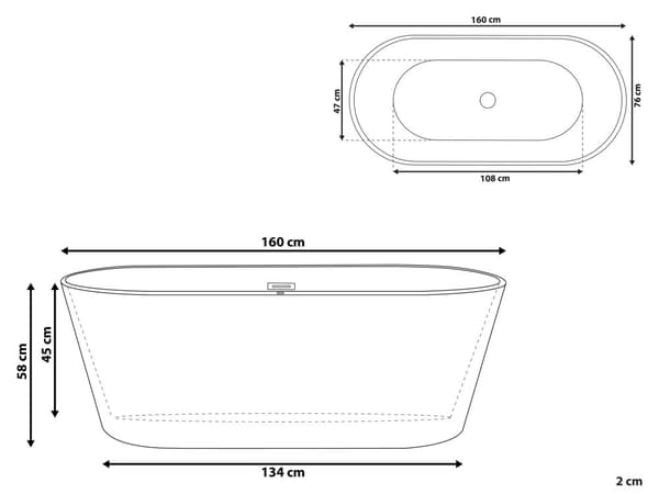 Fristående Badkar Vit Sanitär Akryl Enkel 160 x 80 cm Oval Form Bräddsystem Modern Design