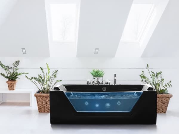 Badkar med massagepunkter Svart Silver med LED Sanitär Akryl och Glas Enkel 160 x 76 cm