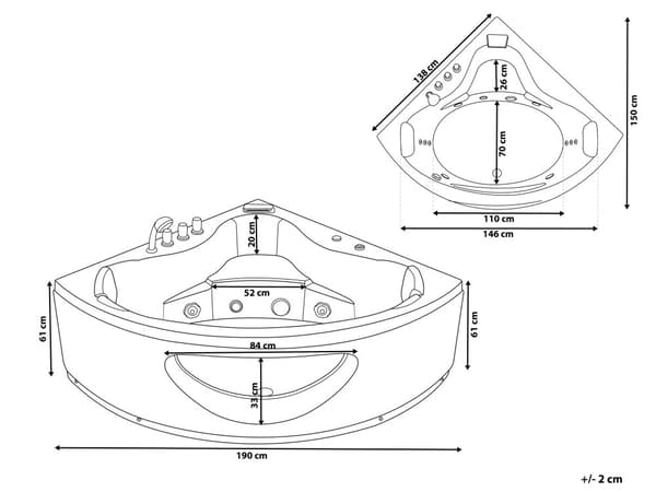 Hörnbubbelbad Svart Sanitär Akryl med LED-lampor 10 massagestrålar 190 x 138 cm Modern stil