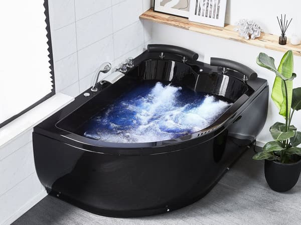 Bubbelbad Svart Sanitär Akryl LED-lights Kurvad Höger Dubbel 158 x 113 cm
