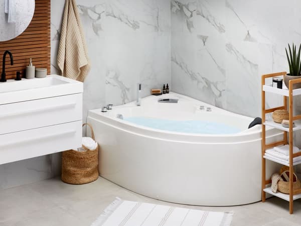 Höger Hörn Bubbelbadkar Vit Akryl med LED-belysning Massage Dusch Nackstöd