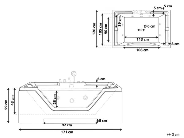 Bubbelbad Vit akryl Hydromassage Bubbelpool 2-sits 170 x 120 cm med nackstöd