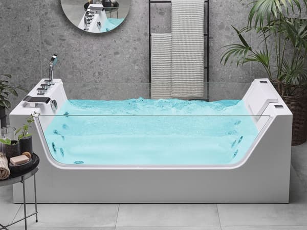 Bubbelbadkar Vit fristående Akryl Badkar med strålar Glaspaneler 170 x 80 cm