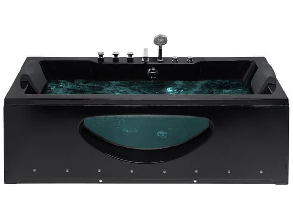 Bubbelbad Svart Sanitetsakryl Glas Transparent Front med LED-lampor Nackstöd Massage Vattenstrålar 180 x 80 cm Rektangulär badtunna