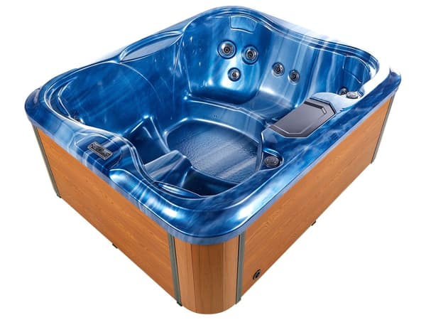 Spabad Blå Akryl 180 x 215 cm 4 platser 19 hydromassagestrålar Träeffekt Aluminium med LED-ljus