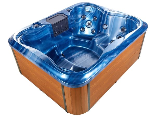 Spabad Blå Akryl 180 x 215 cm 4 platser 19 hydromassagestrålar Träeffekt Aluminium med LED-ljus