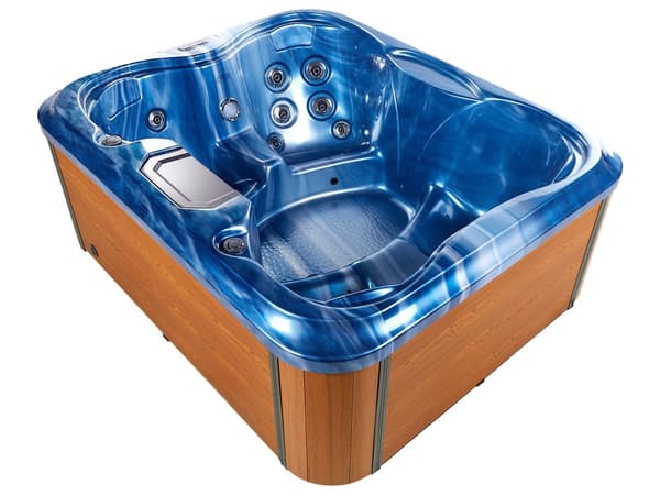 Udendørs Spa Boblebad i Blå Farve 180 x 215 cm Hydromassage Dyser Træeffekt aluminiumskasse med LED-lys
