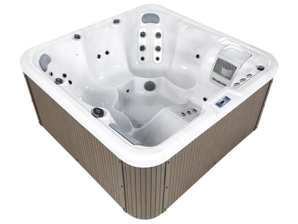 Spabad hvid akryl 200 x 200 cm 33 jets brune udvendige paneler med LED-opvarmning