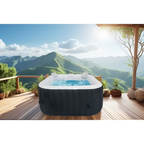 ALL-INKLUSIV SPA-KIT och tillbehör: 4-sits fyrkantigt uppblåsbart spa med 2 nackstöd, filter, nät, borste, matta, lock