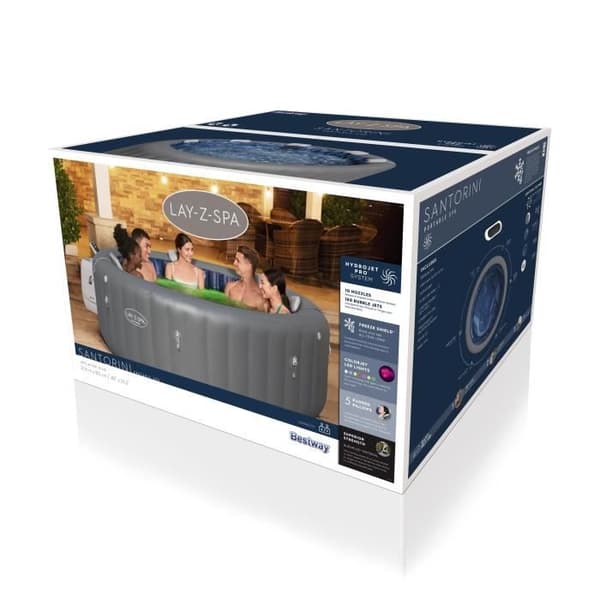 BESTWAY uppblåsbar badtunna - Lay-Z-Spa Santorini - 5 till 7 platser -Rund (levereras med 5 vadderade nackstöd + 2 ColorJet vatten-LED)