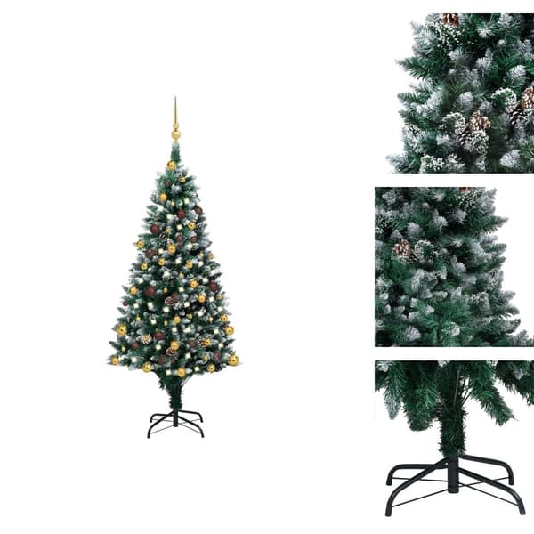 Juletræer - Living juletræ med sne + lys + julekugler og grankogler 150 cm