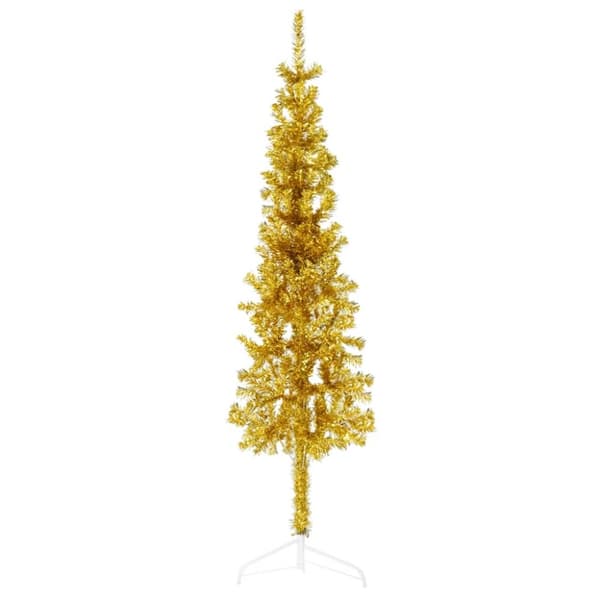 Smal halv plastgran med stativ guld 150 cm