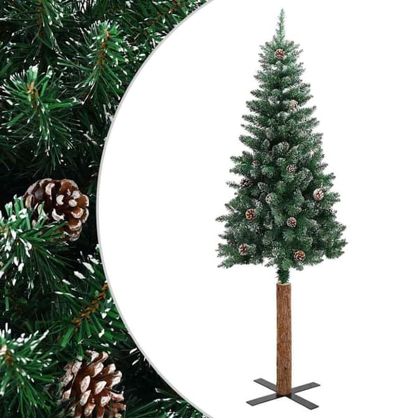 Smal plastgran med äkta trä och kottar vit snö grön 210 cm