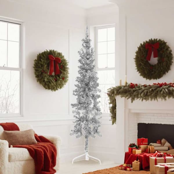 Smal halv plastgran med stativ silver 180 cm